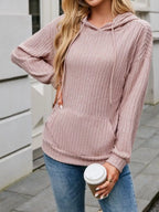 Casual Drawstring Ribbed Knit Hoodie