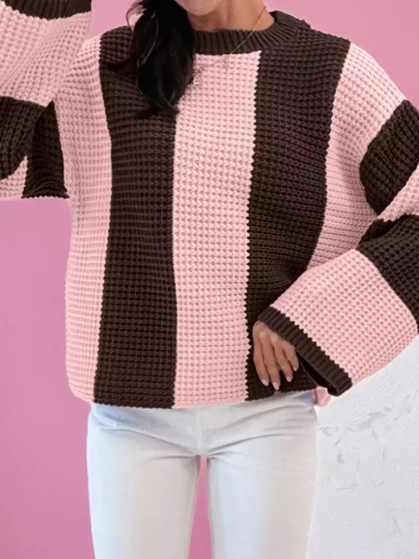 Striped Color Block Waffle Knit Sweater