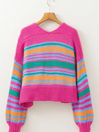 Stripe Colorful Puff Sleeve Drop Shoulder Loose Cardigan