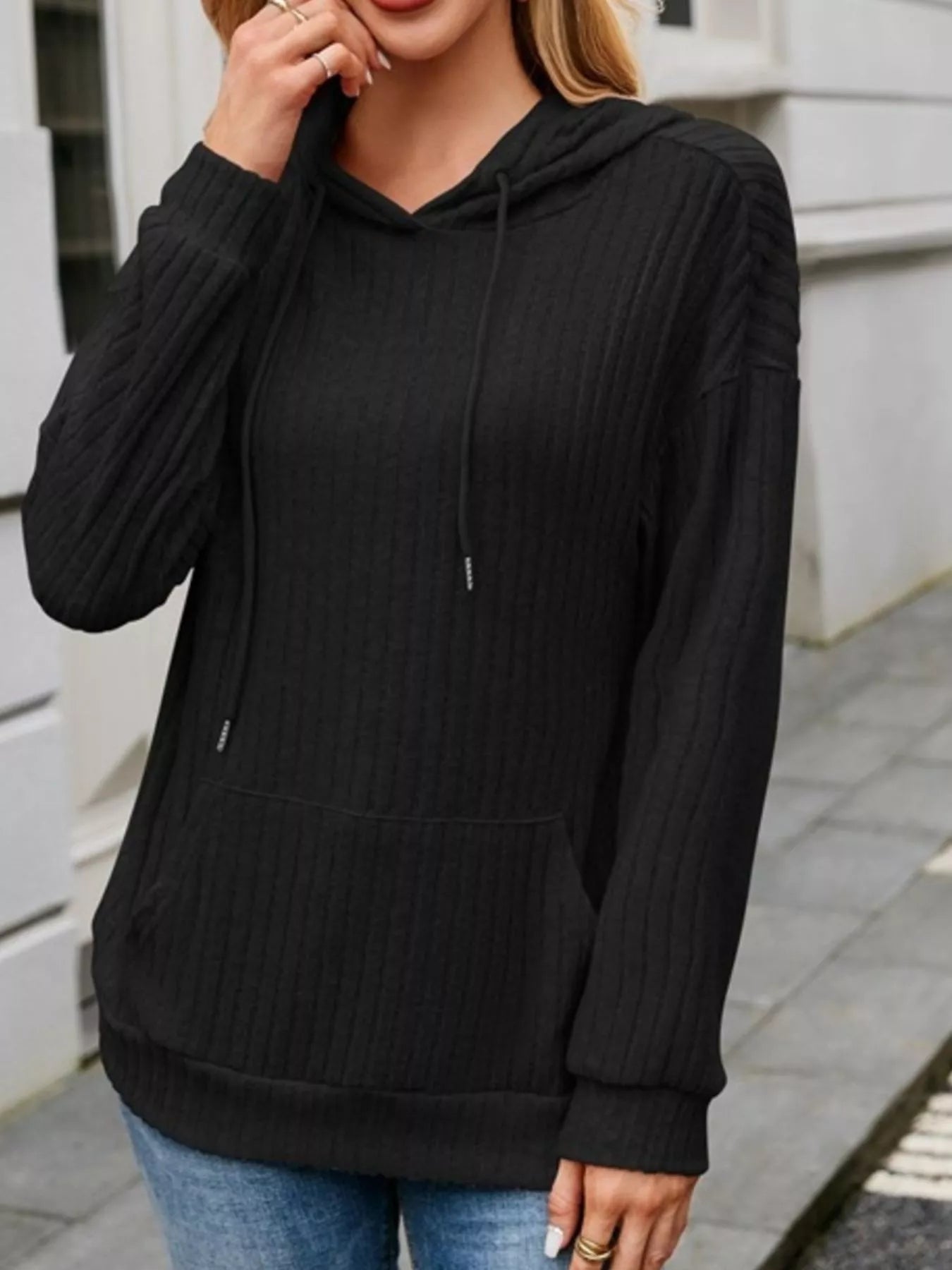 Casual Drawstring Ribbed Knit Hoodie