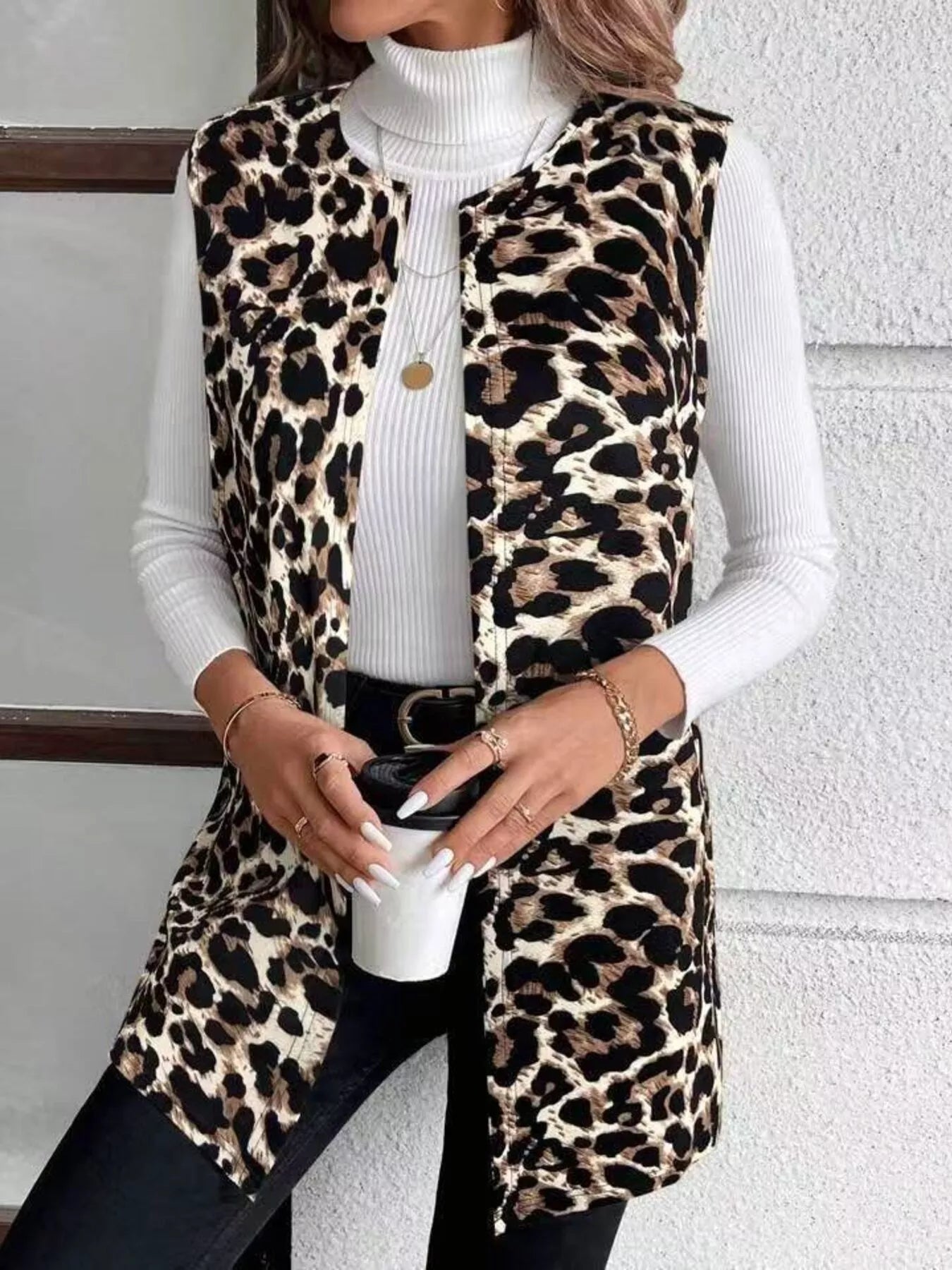 Sleeveless Leopard Print Vest Coat