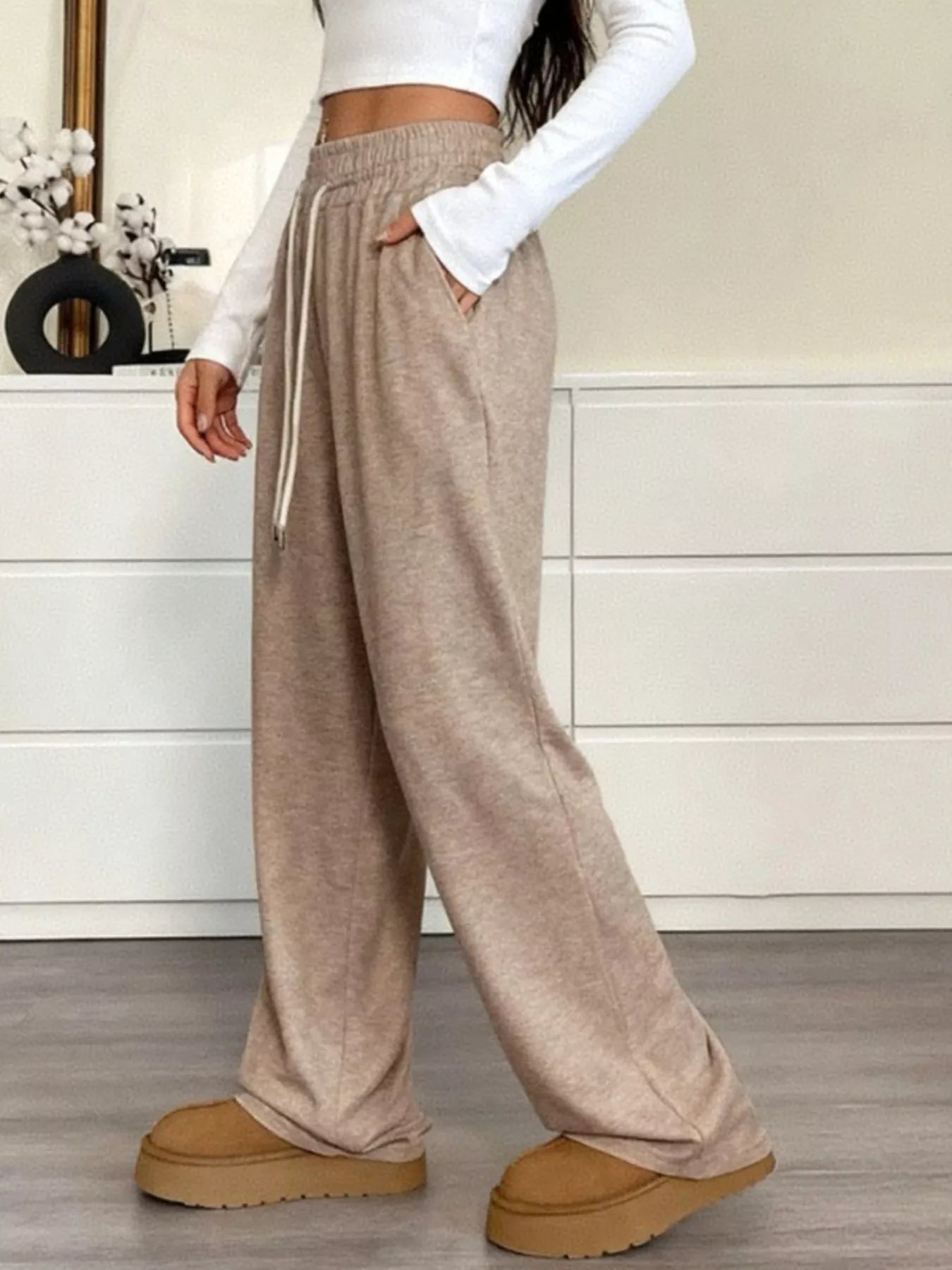 Casual Drawstring Waist Wide Leg Pants