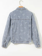 Bow Knot Print Light Wash Raw Hem Denim Jacket