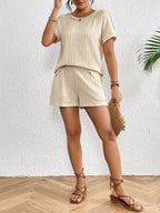 Texture Round Neck Top and Shorts Lounge Set