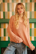 BiBi Chunky Knit Sweater with Flower Detail Sleeves