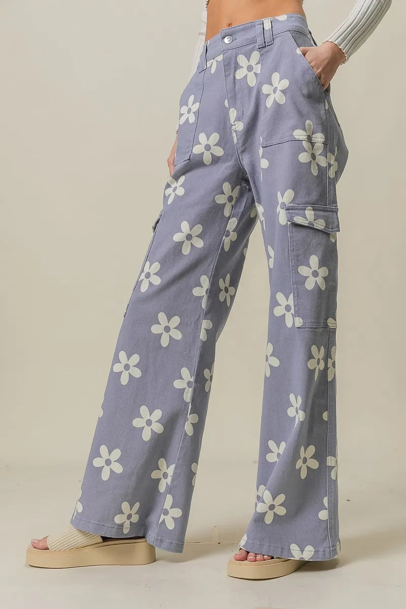 BiBi Flower Printed Side Pocket Wide Pants