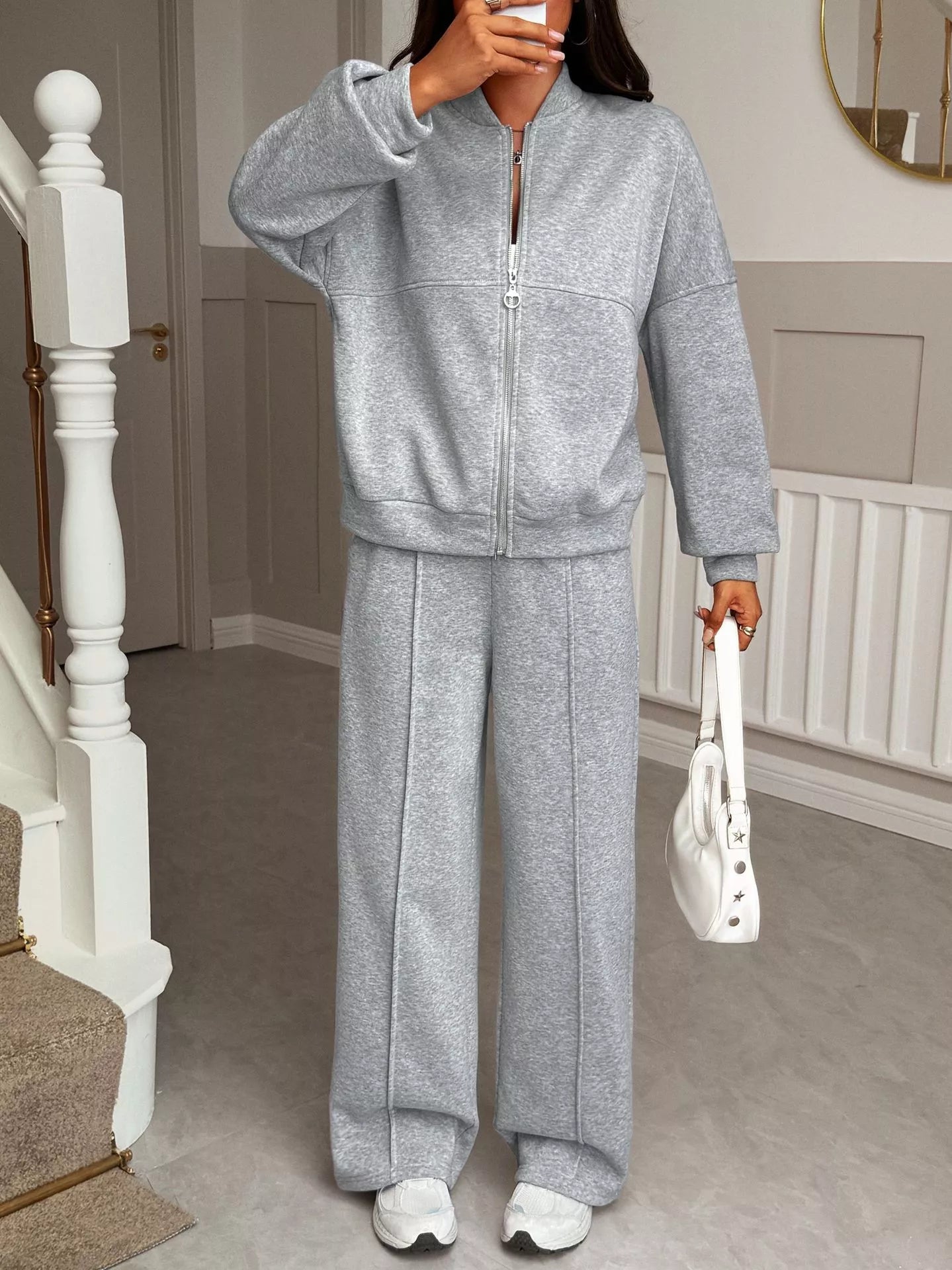 Casual Zipper Front Top and Wide Leg Pants Set