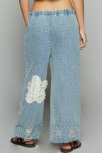POL Floral Patch Washed Textured Twill Pants with Crochet See Thru Patch