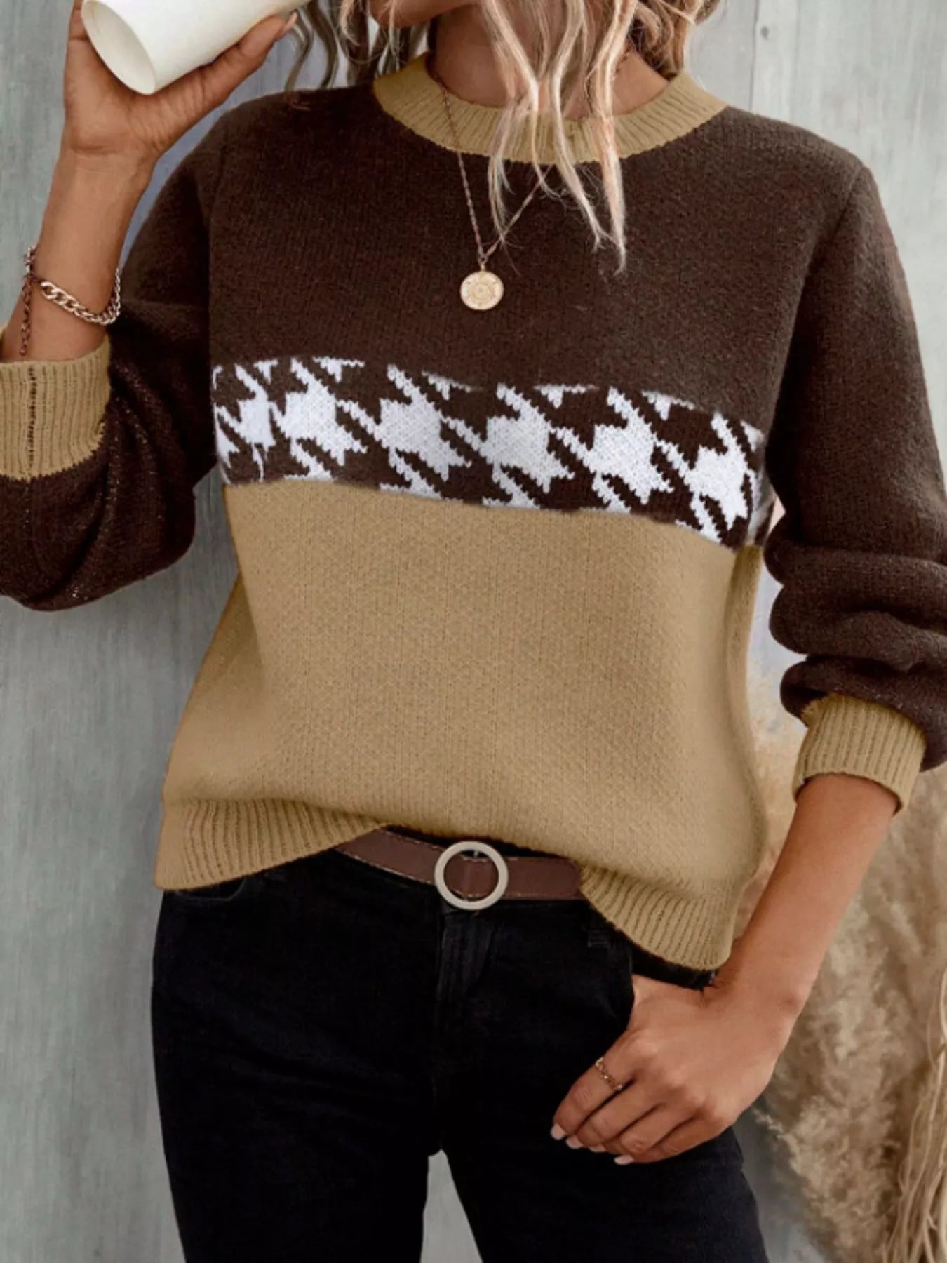 Houndstooth Pattern Color Block Sweater