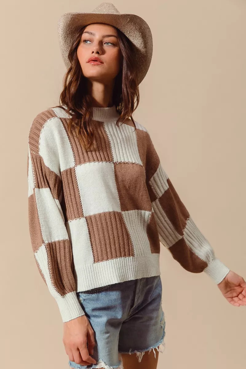 SO ME Ribbed Color Block Checkered Plaid Sweater