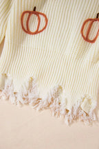 Cable Knit Pumpkin Raw Hem V Neck Loose Sweater