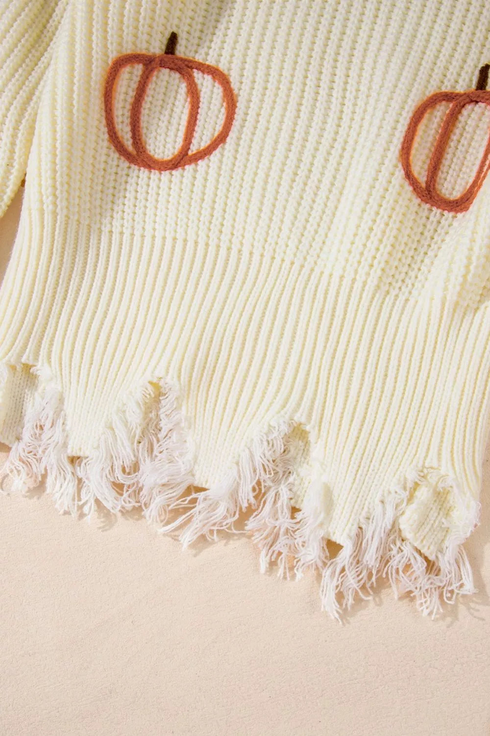 Cable Knit Pumpkin Raw Hem V Neck Loose Sweater