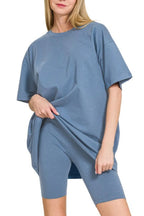 Zenana Cotton Round Neck Top & Biker Shorts