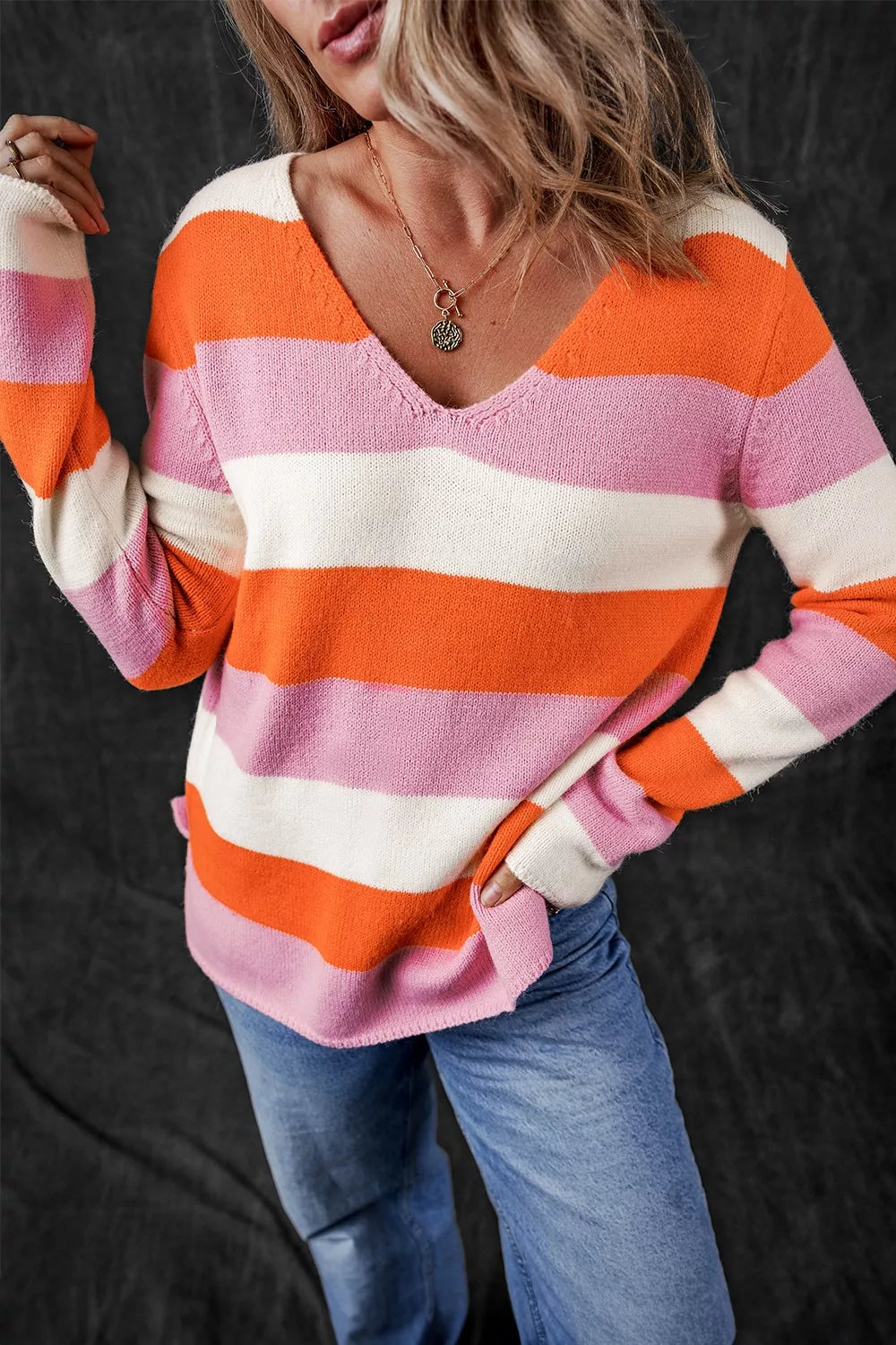 V-Neck Striped Color Block Knit Top