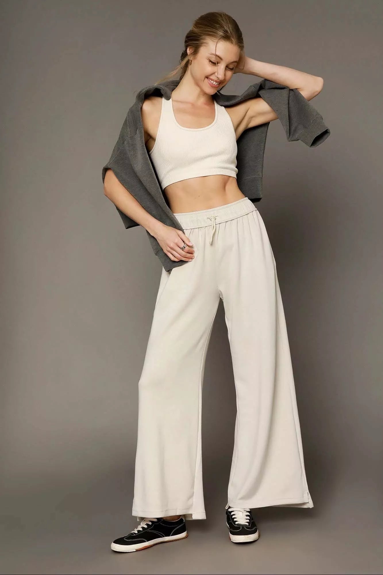 Umgee Elastic Drawstring Waistband Wide Leg Pants