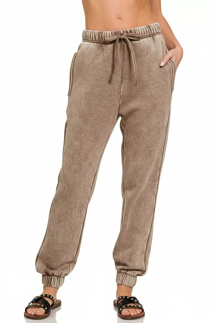Zenana Acid Wash Fleece Sweatpants with Pockets