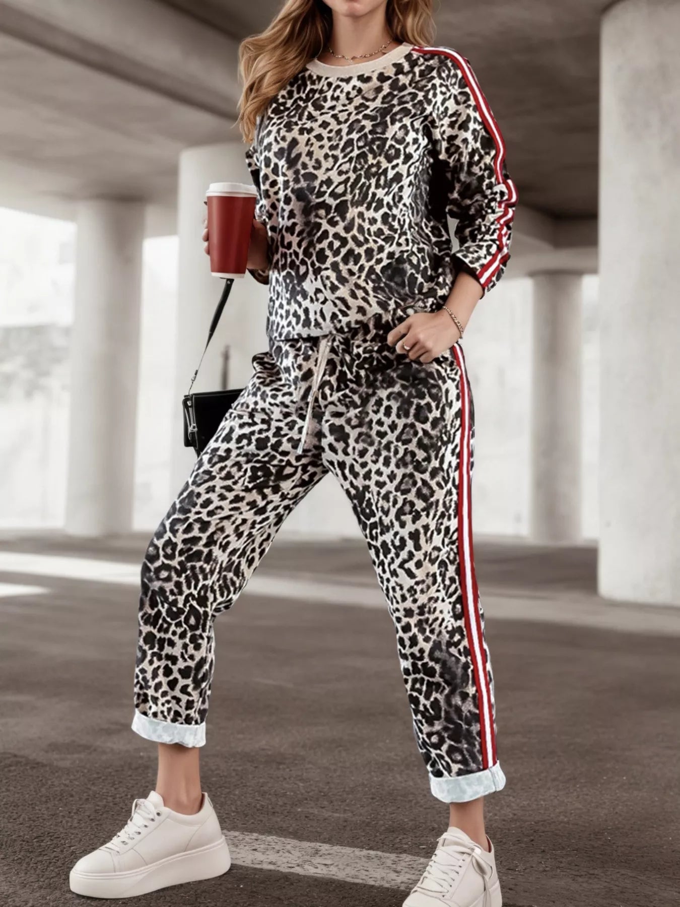 Stripe Leopard Print Top and Pants Set
