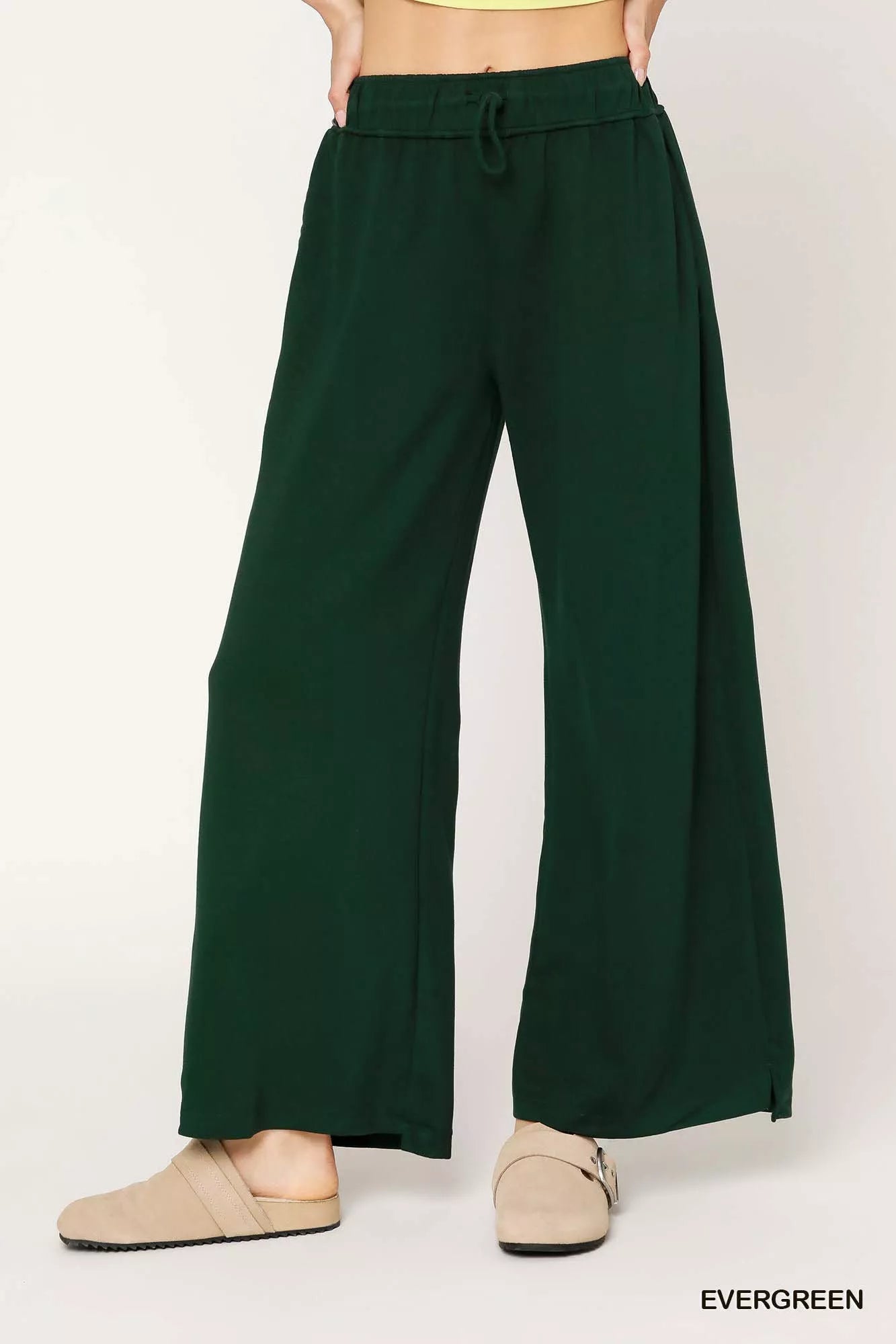 Umgee Elastic Drawstring Waistband Wide Leg Pants