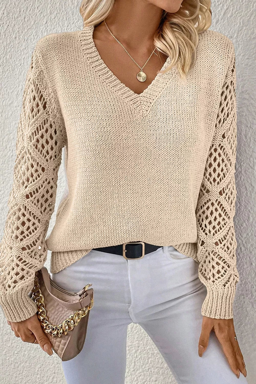 V-Neck Crochet Sleeve Sweater