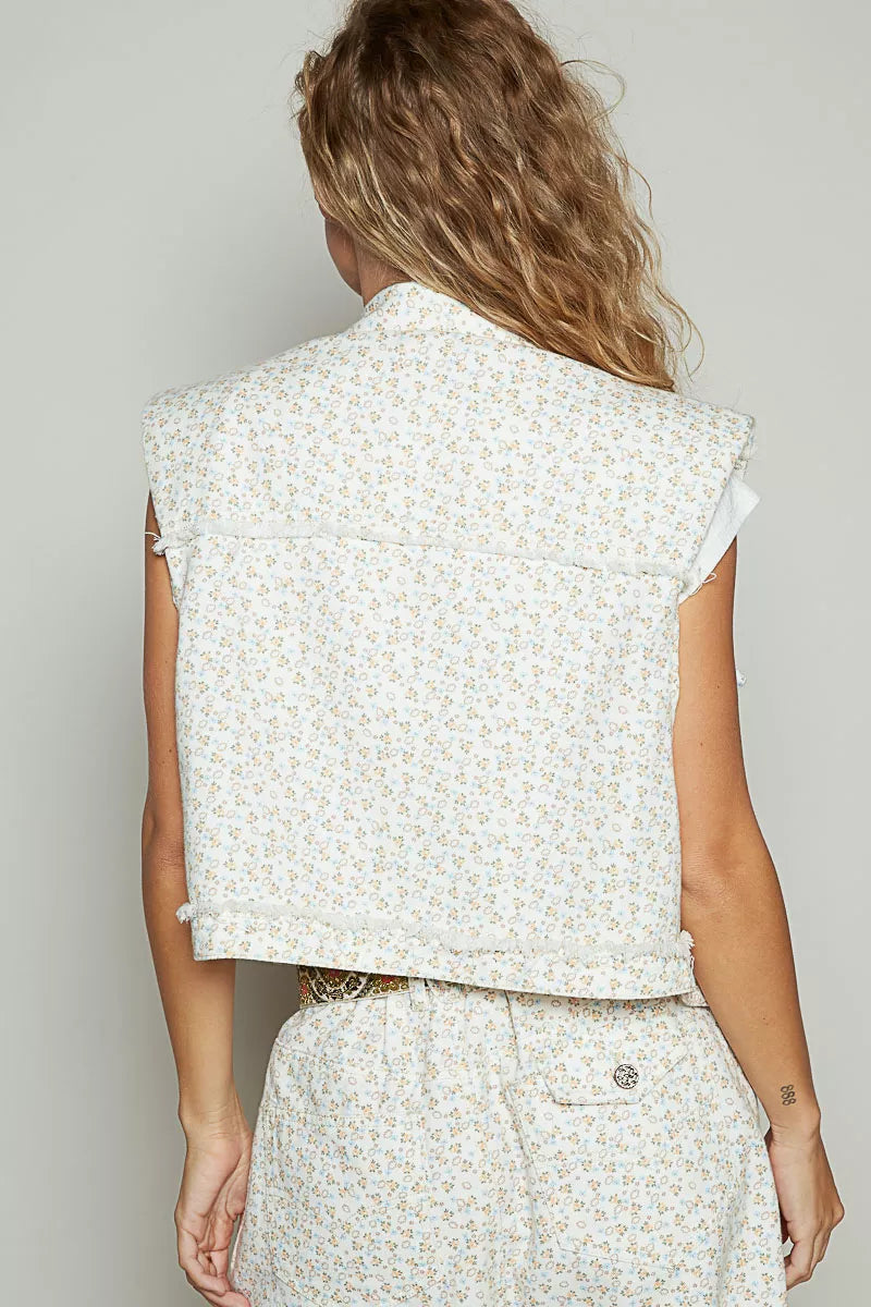 POL Assymetrical Front Closure Raw Hem Floral Denim Vest