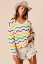 BiBi Mardi Gras Wavy Stripes V-Neck Sweater
