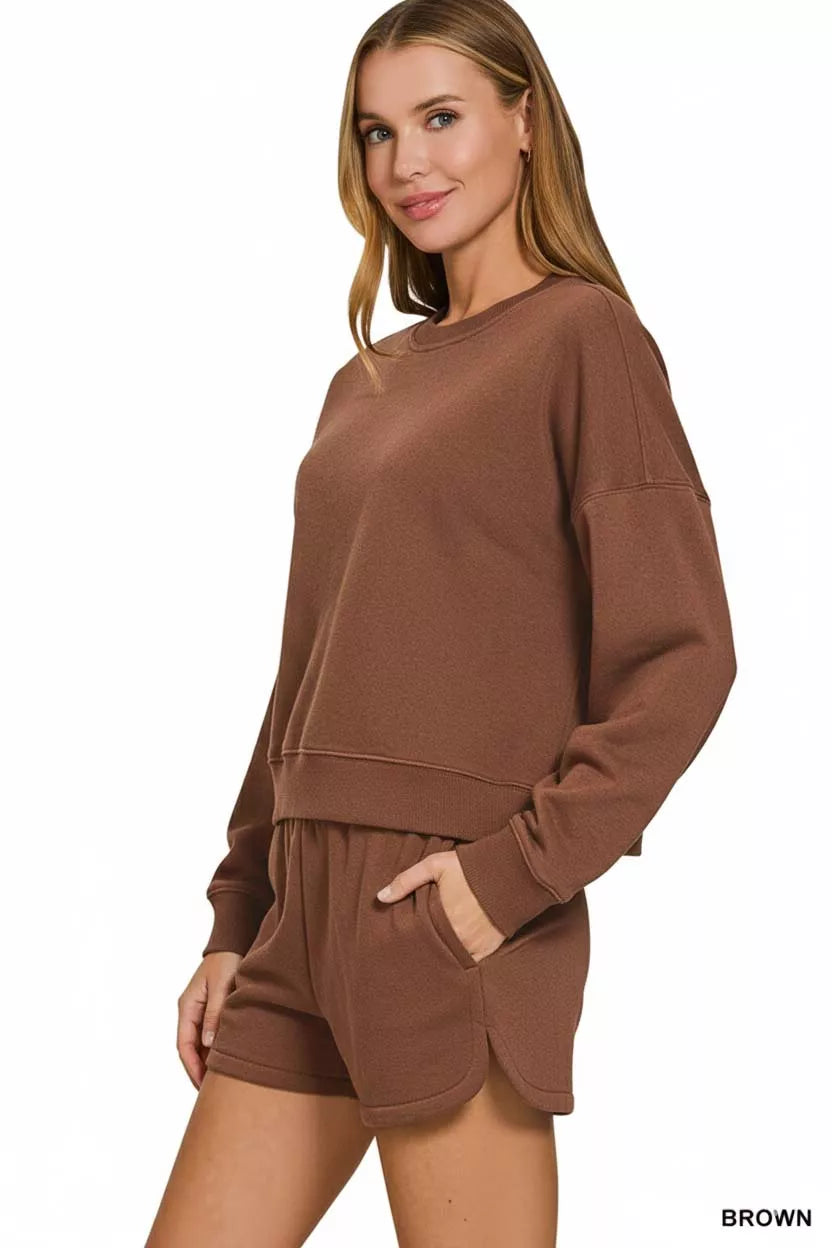 Zenana Fleece Long Sleeve Sweatshirts and Shorts Set