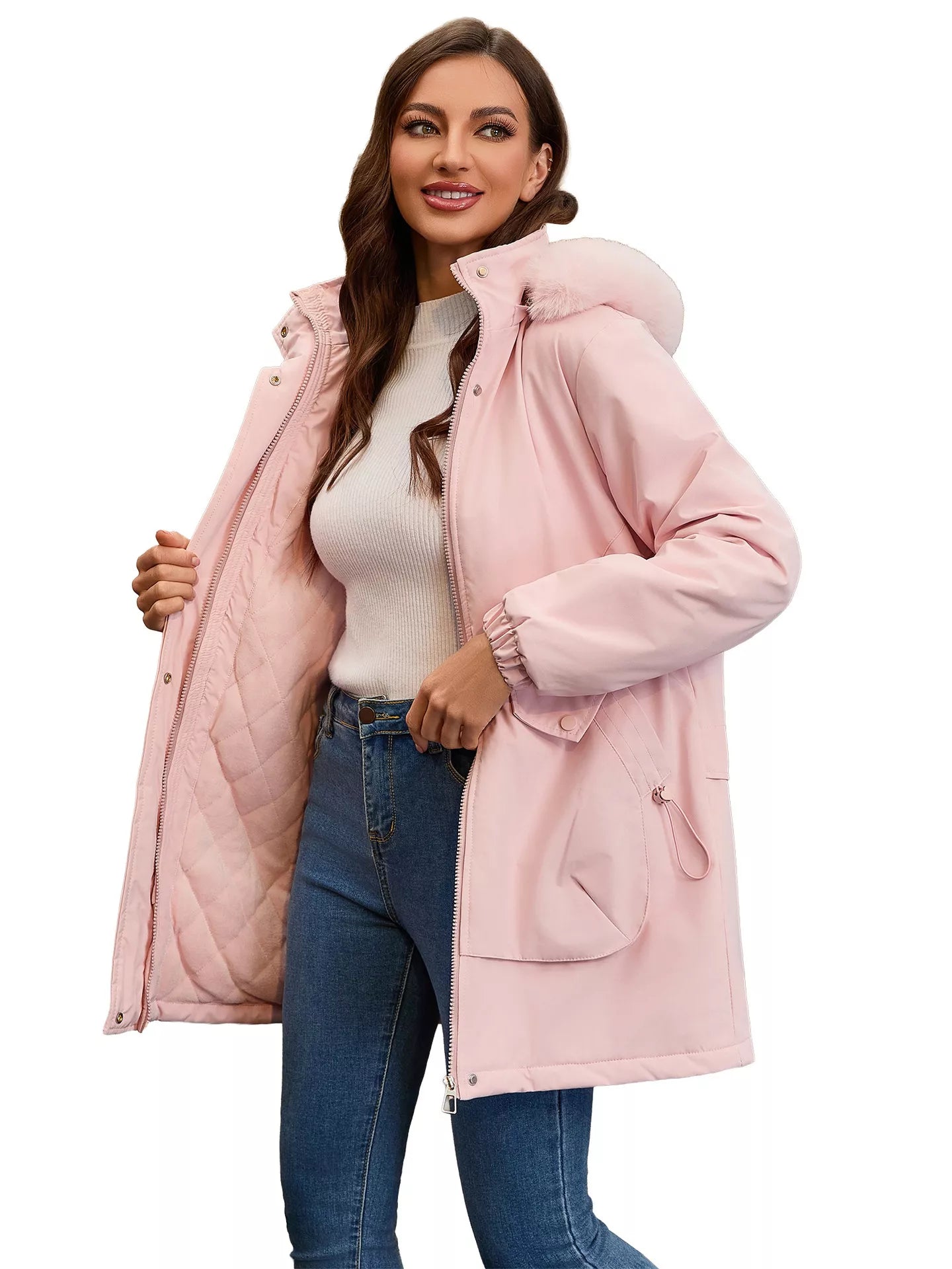 Full Size Fur Hooded Warm Winter Parka Outerwear Plus Size