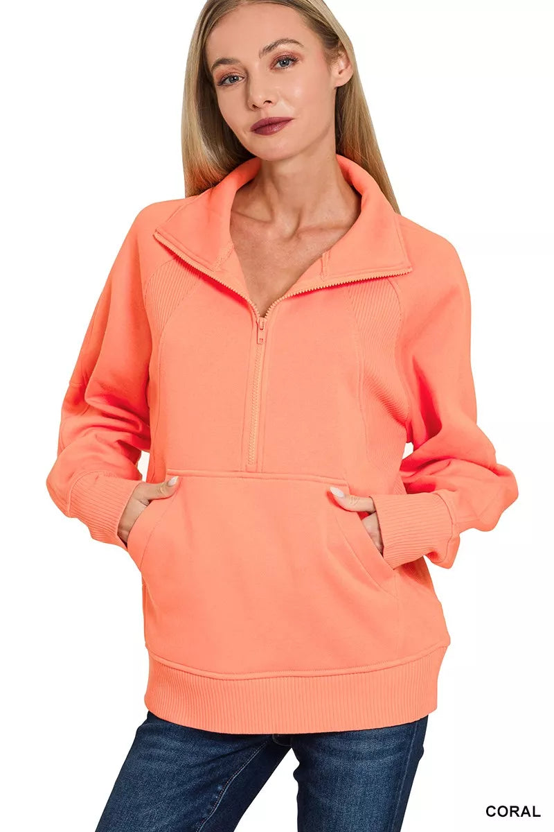 Zenana Half Zip Fleece Sweatshirt with kangaroo Pocket