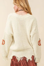 Cable Knit Pumpkin Raw Hem V Neck Loose Sweater