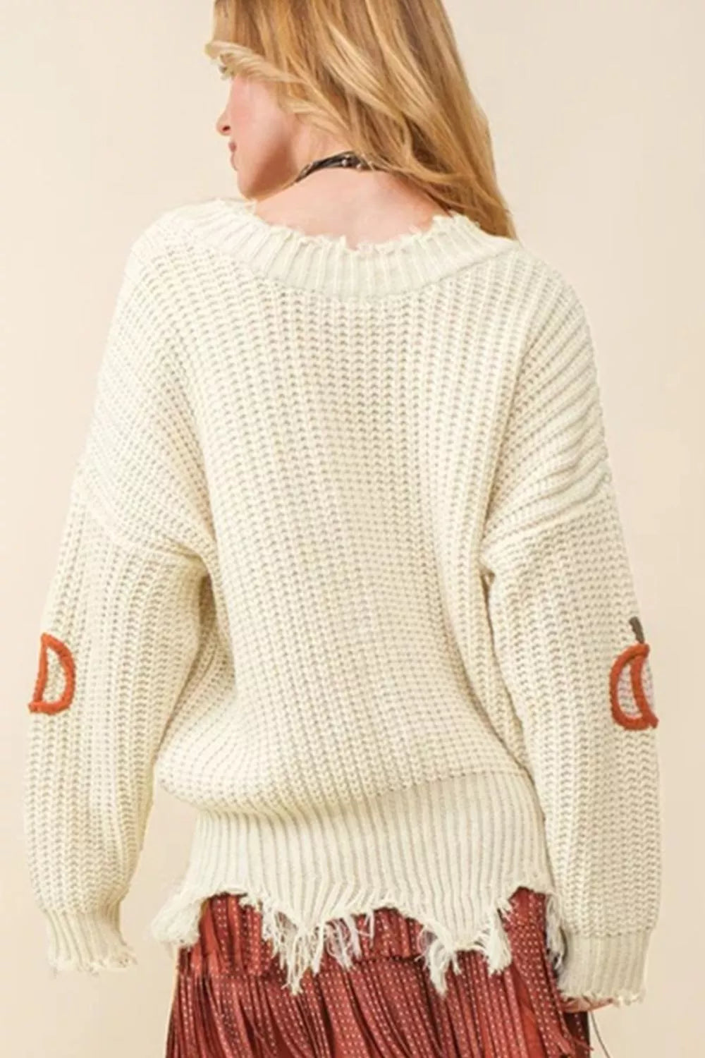 Cable Knit Pumpkin Raw Hem V Neck Loose Sweater