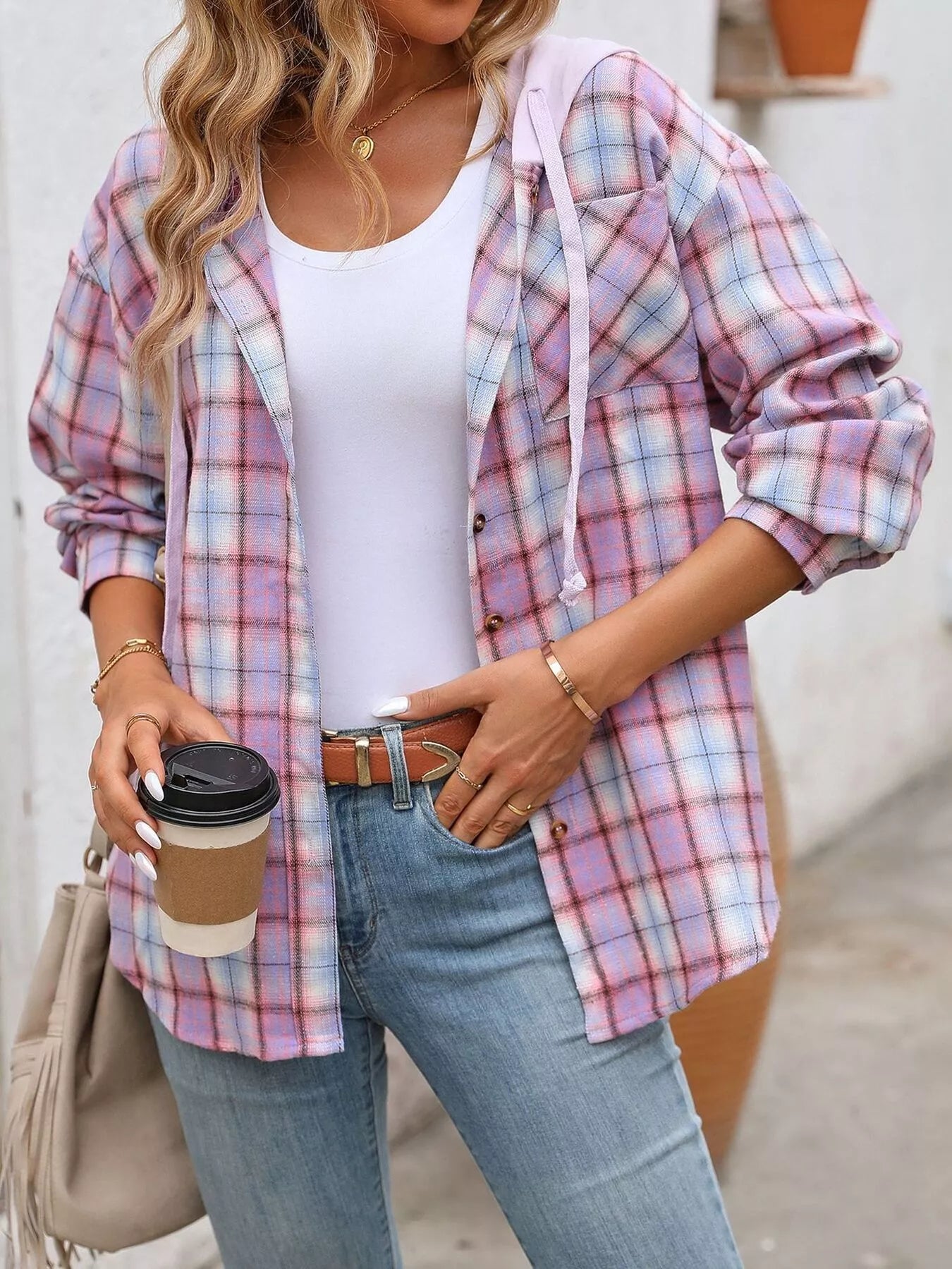 Hooded Plaid Button-Up Shirt