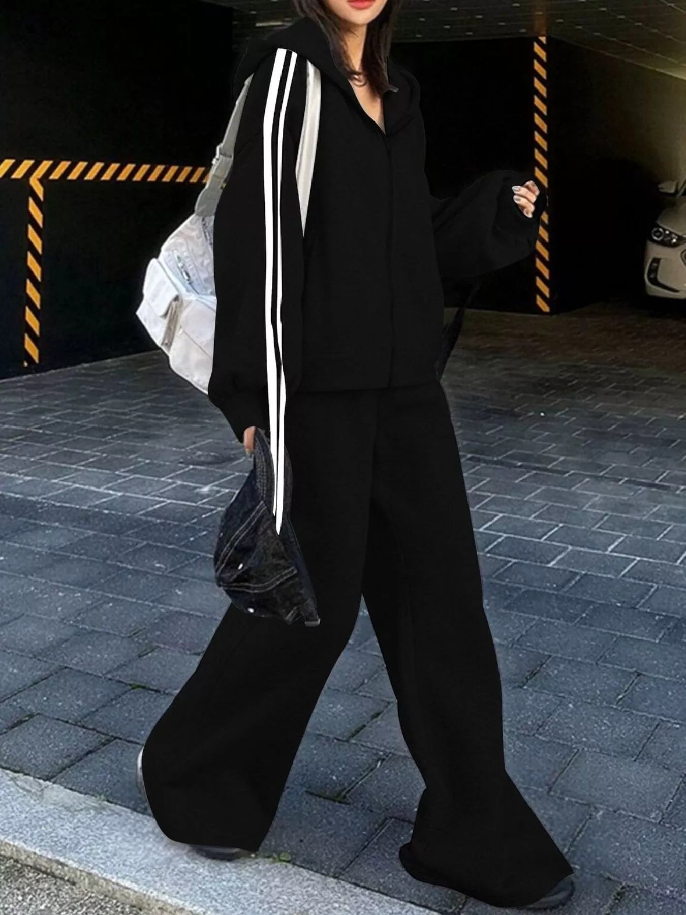 Side Striped Zip Up Hoodie and Pants Set