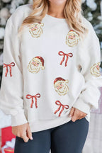 Full Size Corded Rib Sequin Santa Bow Patched Drop Shoulder Sweatshirt Plus Size