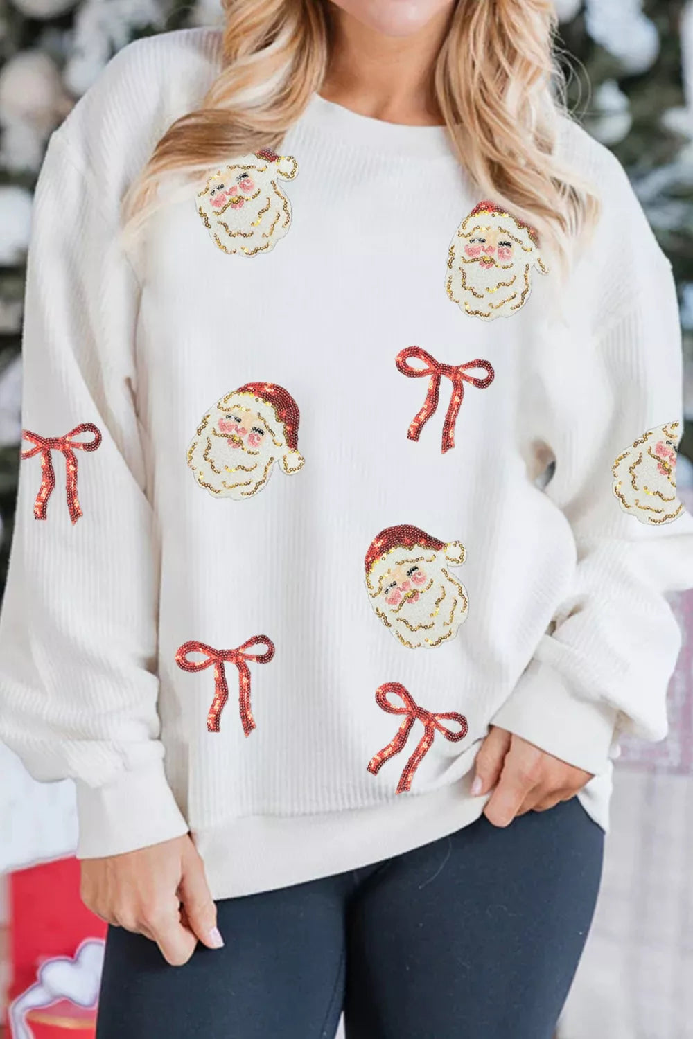 Full Size Corded Rib Sequin Santa Bow Patched Drop Shoulder Sweatshirt Plus Size