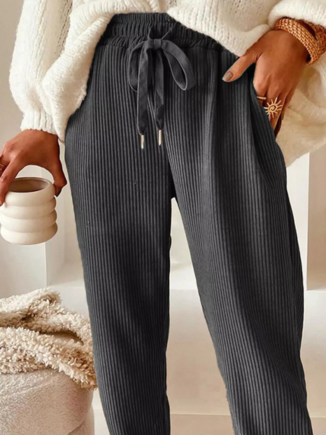 Casual Corduroy Drawstring Waist Pants