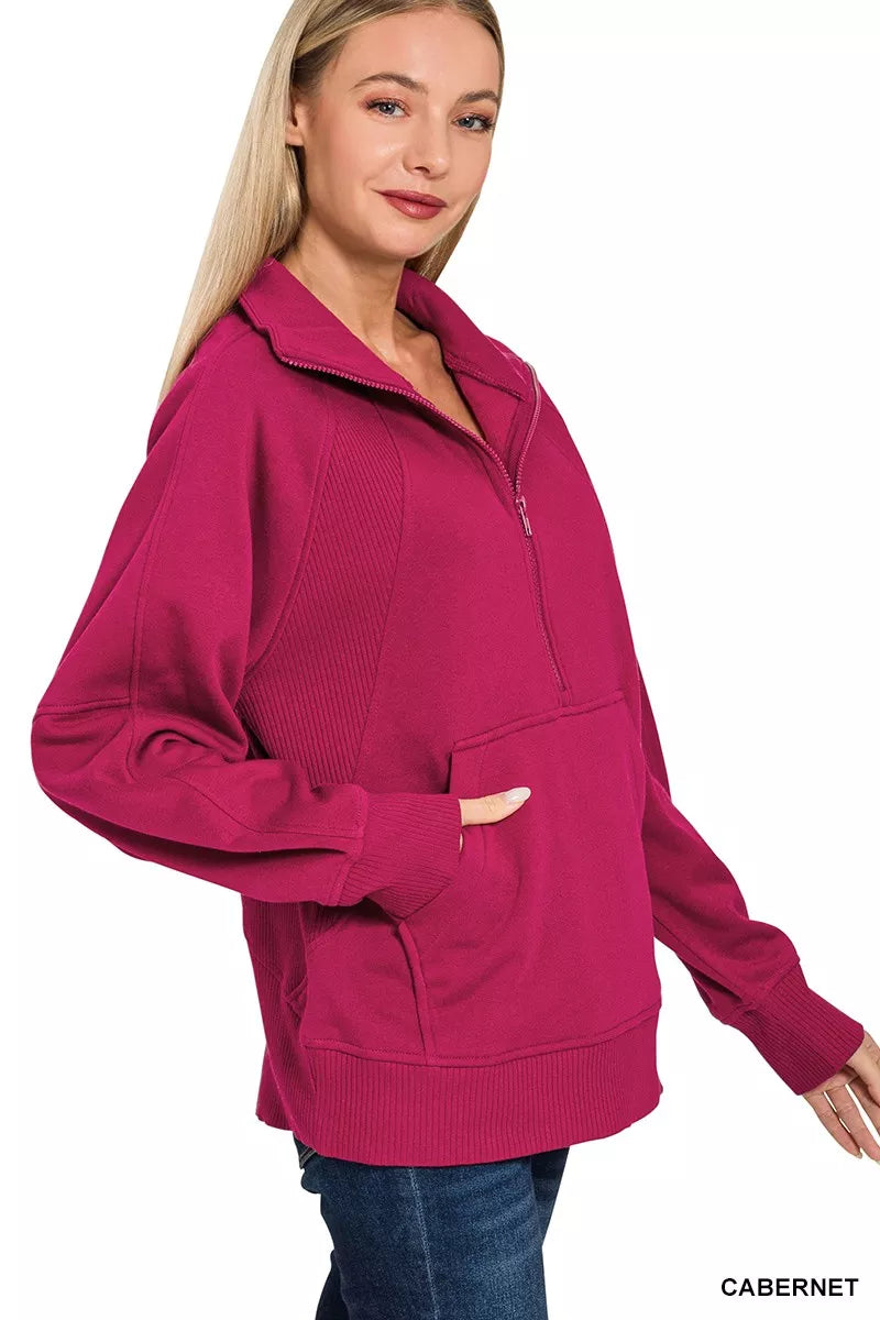 Zenana Half Zip Fleece Sweatshirt with kangaroo Pocket