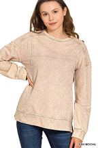 Zenana Acid Wash French Terry Exposed-Seam Pullover