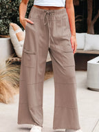 Mineral Wash Exposed Seam Drawstring Elastic Waistband Wide Leg Cargo Pants
