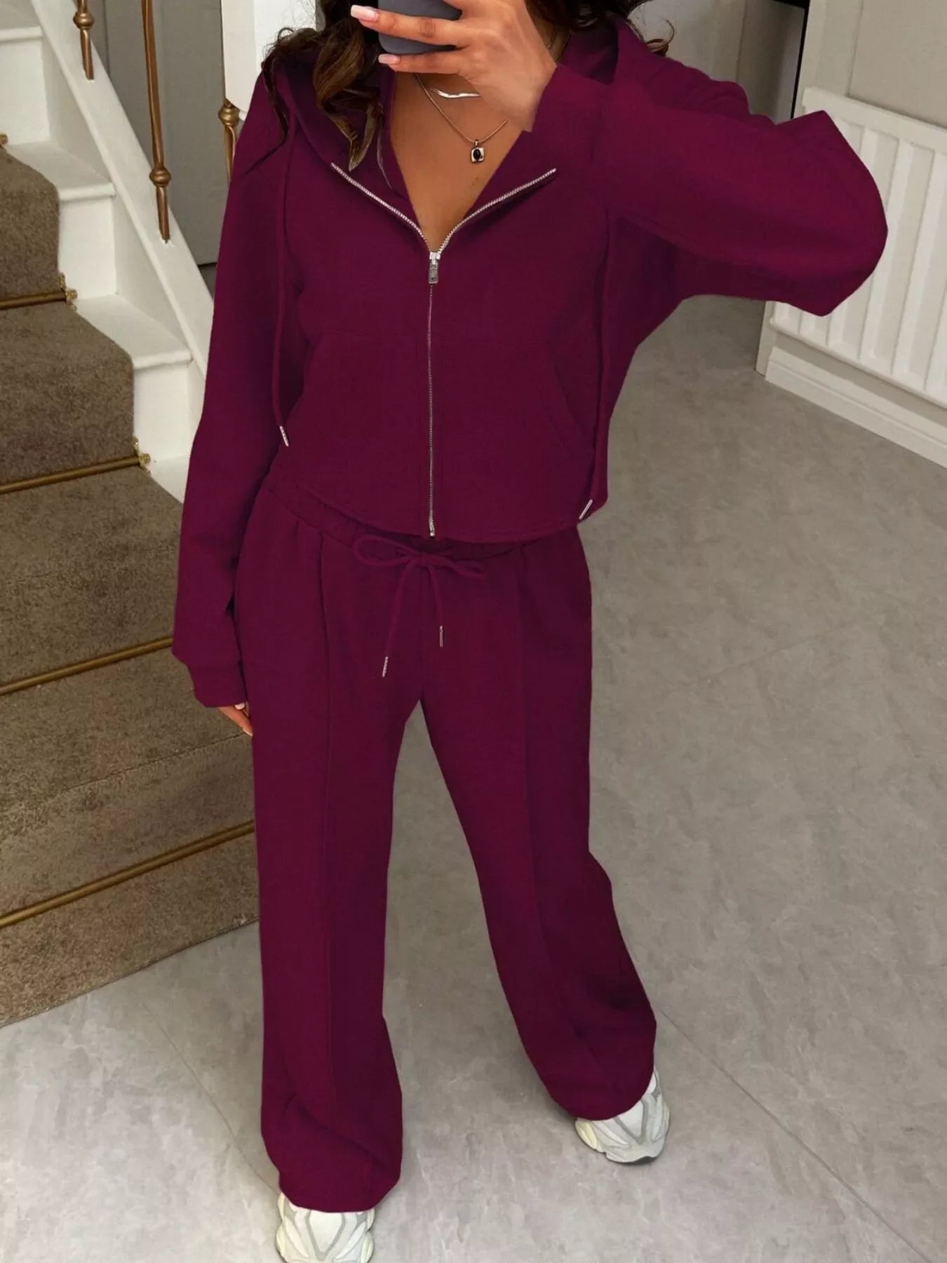 Zip-Up Hoodie and Wide Leg Pants Set