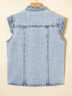 Scalloped Trim Patch Pocket Button Front Denim Vest