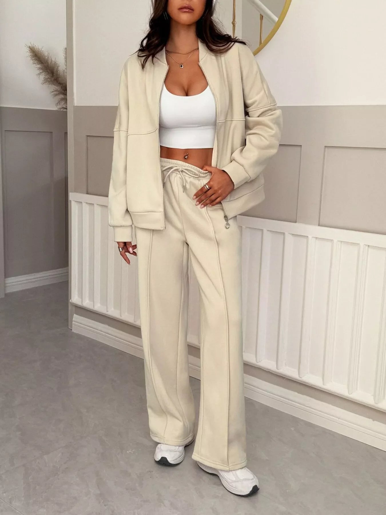 Casual Zipper Front Top and Wide Leg Pants Set