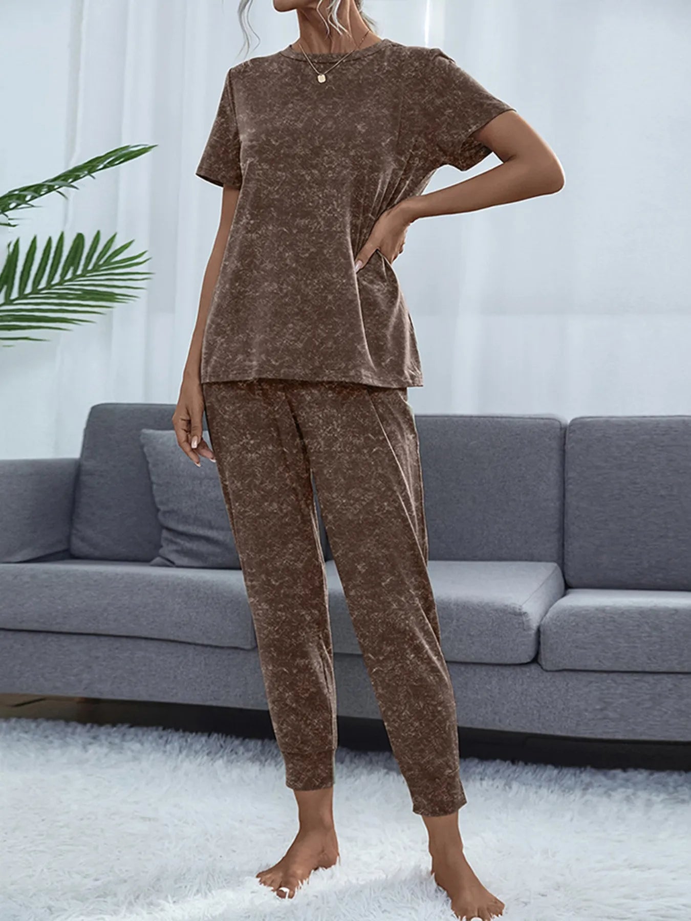Round Neck Short Sleeve Top and Pants Lounge Set