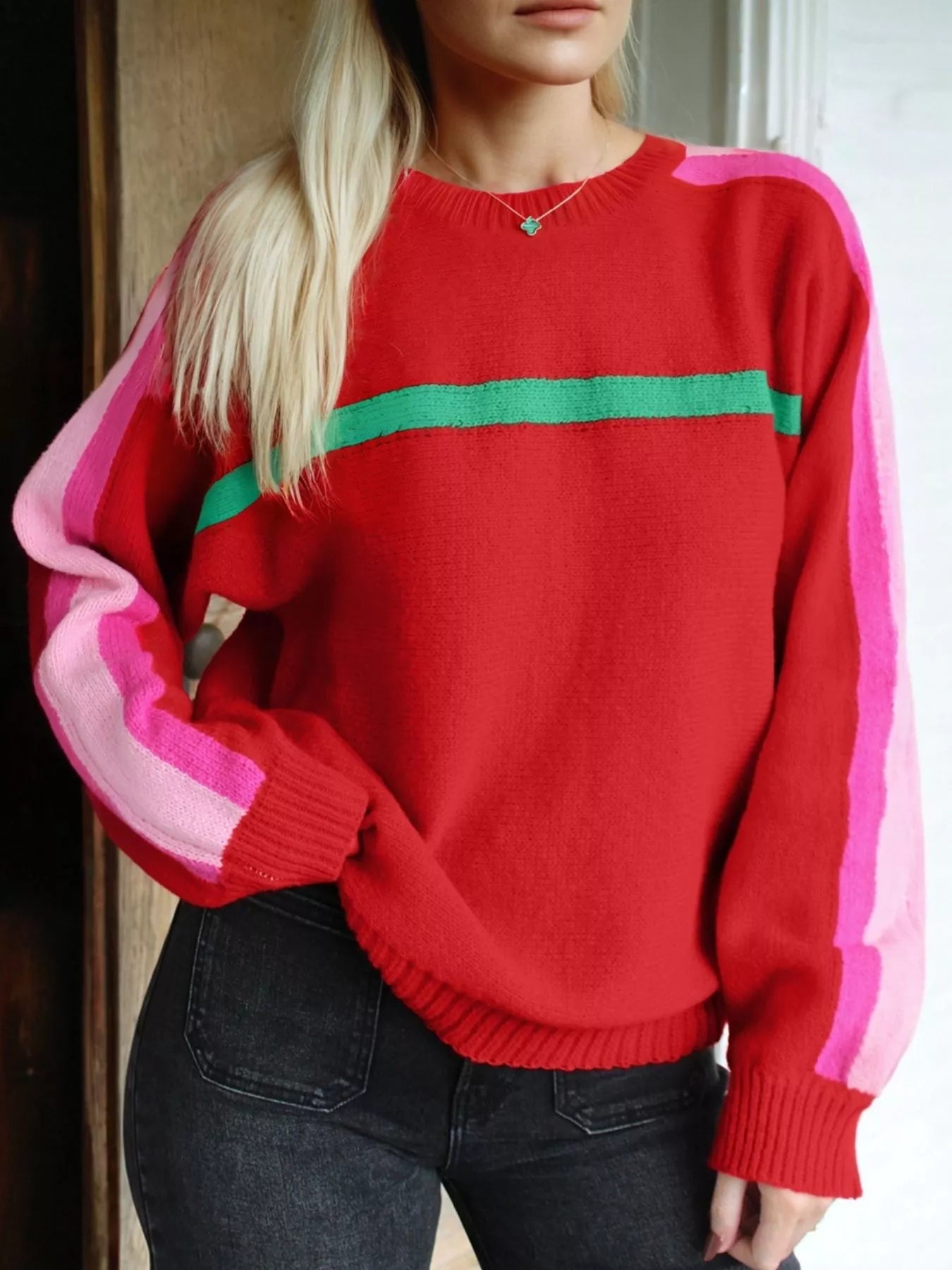 Striped Sleeve Crew Neck Sweater