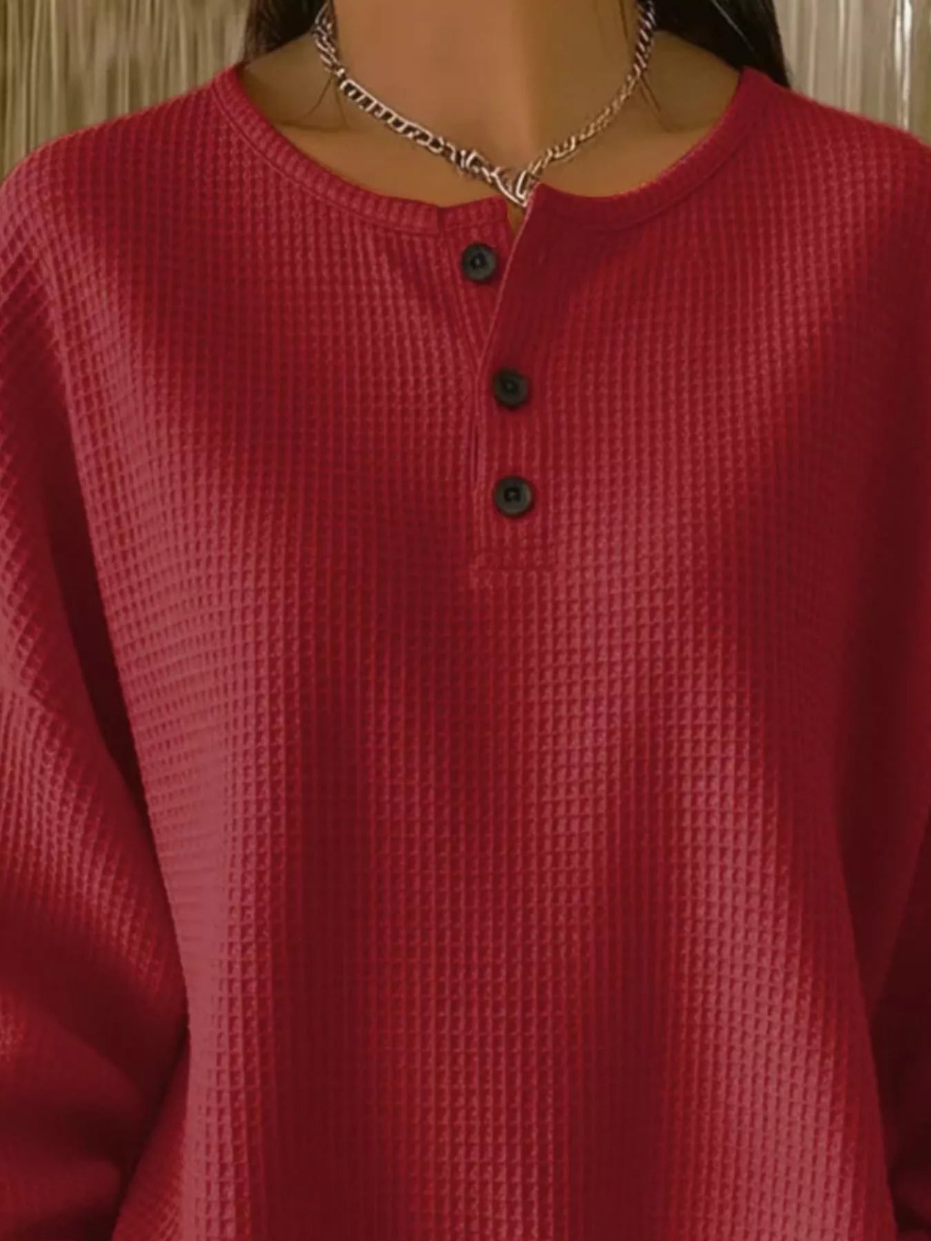 Full Size Casual Waffle Knit Button Detail Pullover Plus Size