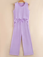 Mineral Wash Casual Round Neck Tank and Loose Drawstring Pants Set