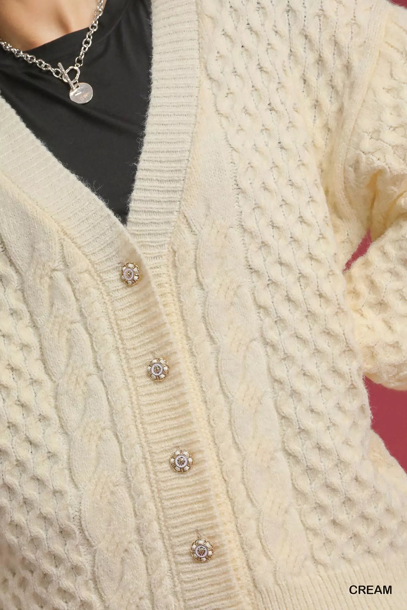 Umgee Cable Knit Pearl Button Cardigan