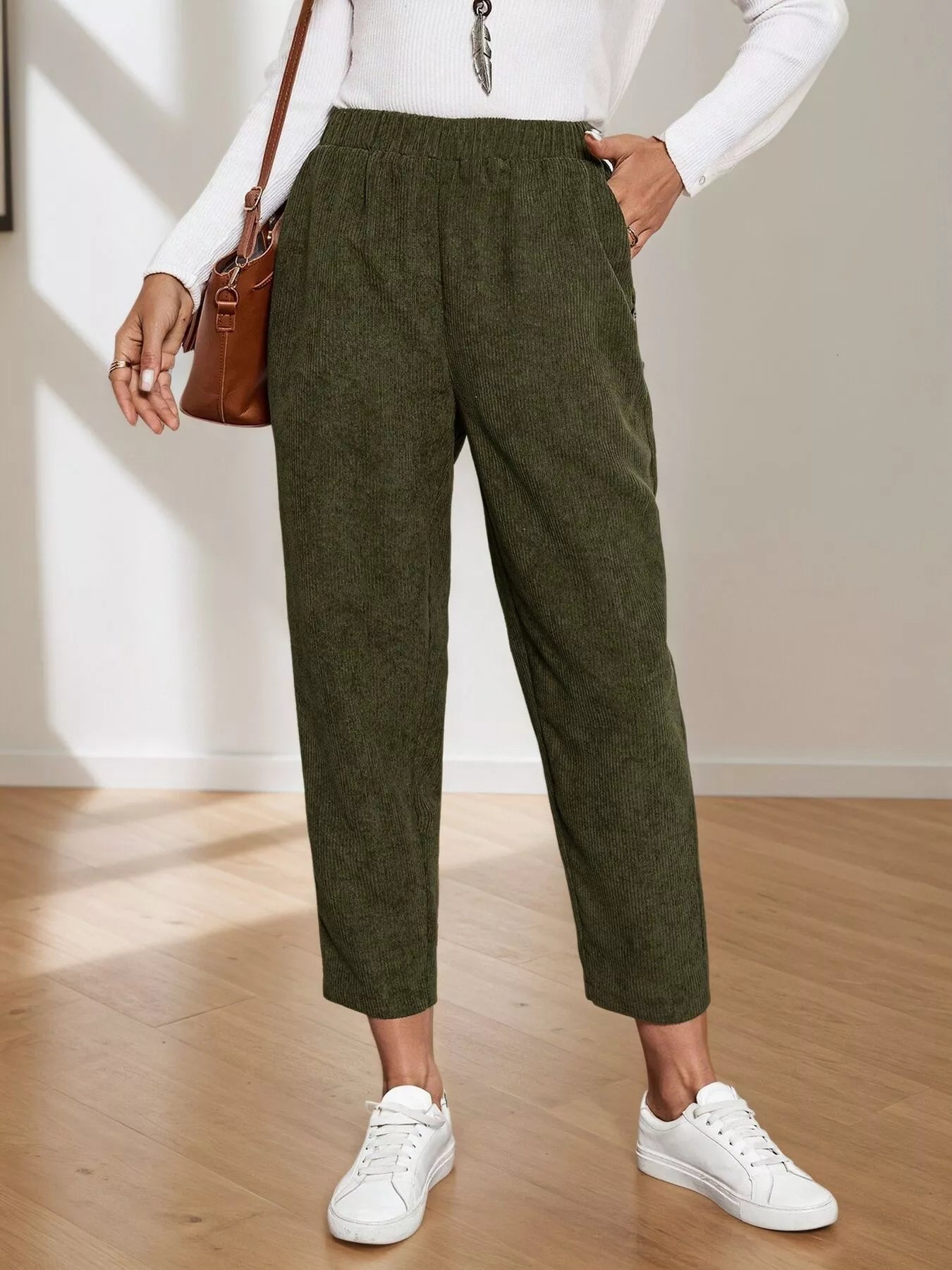 Corduroy Elastic Waist Cropped Pants