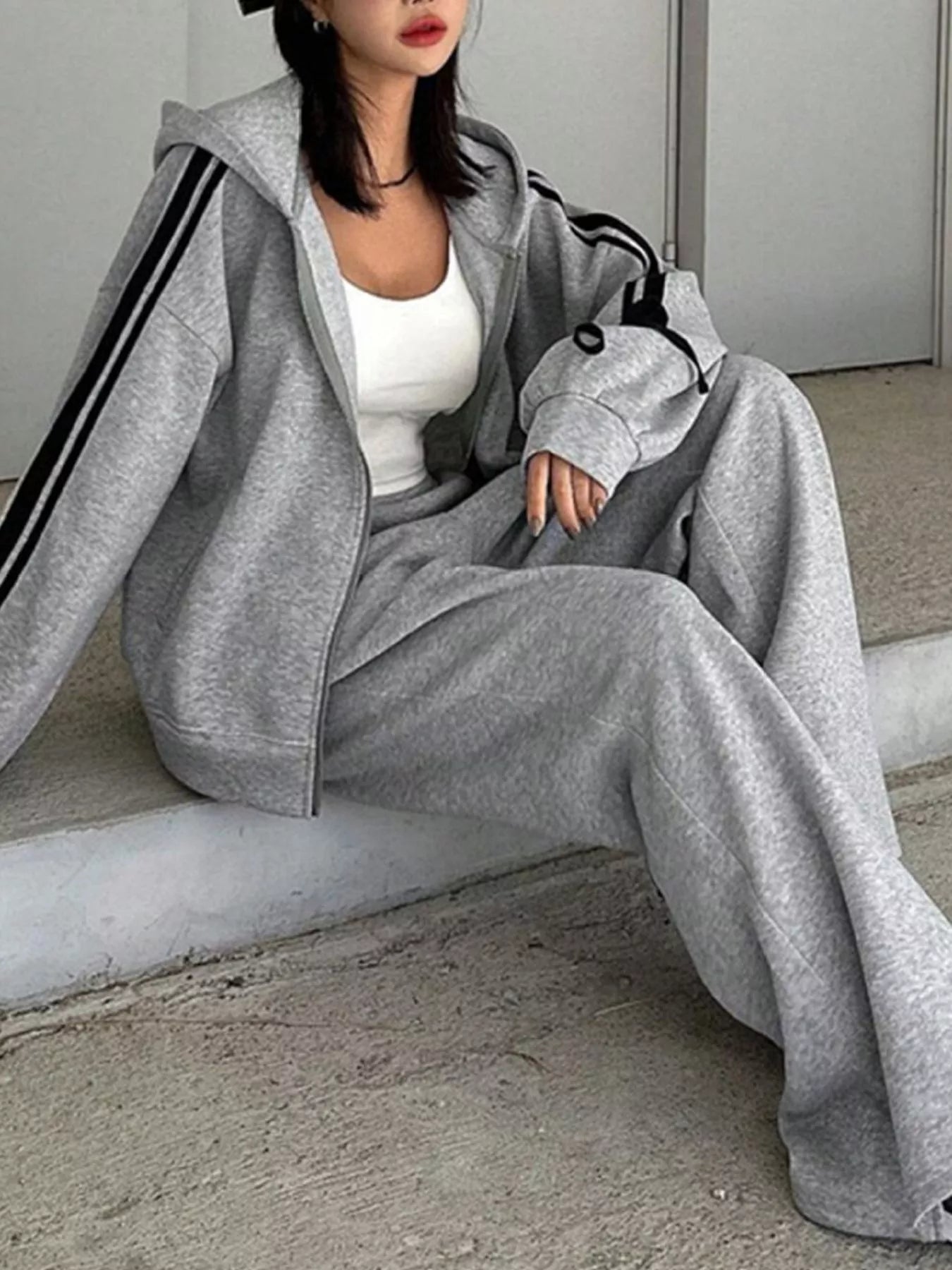 Side Striped Zip Up Hoodie and Pants Set