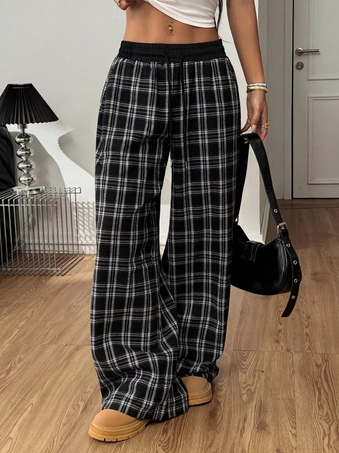 Plaid Wide-Leg Pants with Elastic Waistband