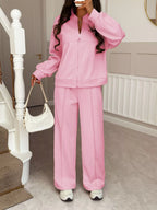 Casual Zipper Front Top and Wide Leg Pants Set